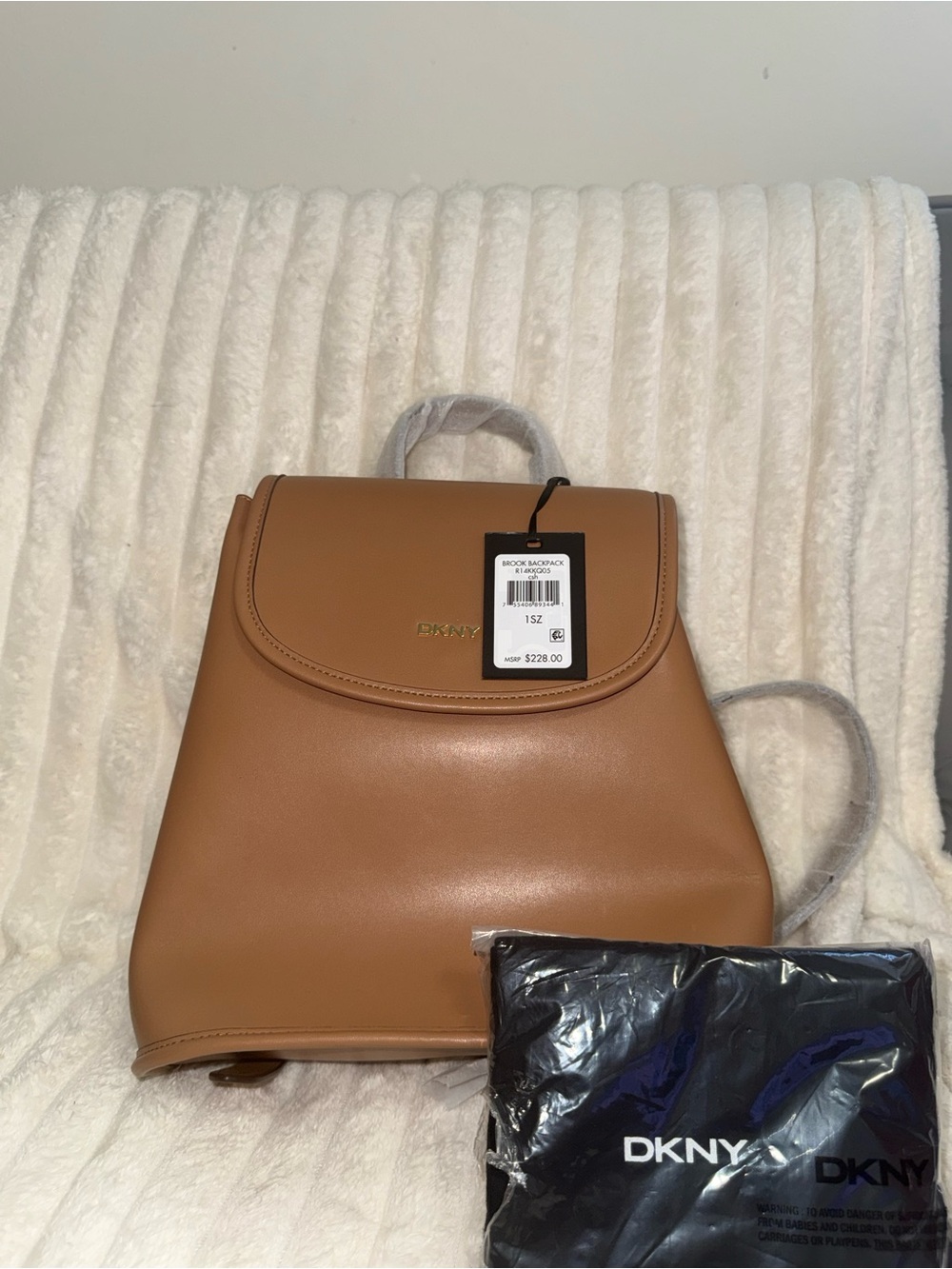 DKNY Cognac Leather Backpack with Gold Logo